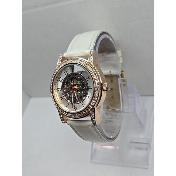 Burgi Automatic Skeleton Watch Rose Gold Crystal Bezel White Strap Exhibition - Picture 2 of 15